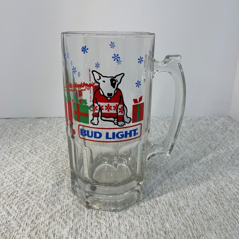 Bud Light Spuds Mackenzie Party Animal 1987 Holiday Christmas Glass Beer Mug